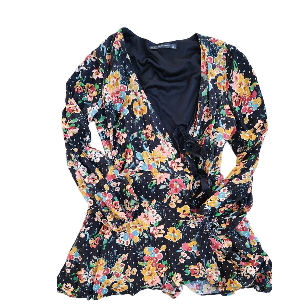 Zara Small Trafaluc Floral Print Long Sleeve Mini Romper Polka Dot Morocco